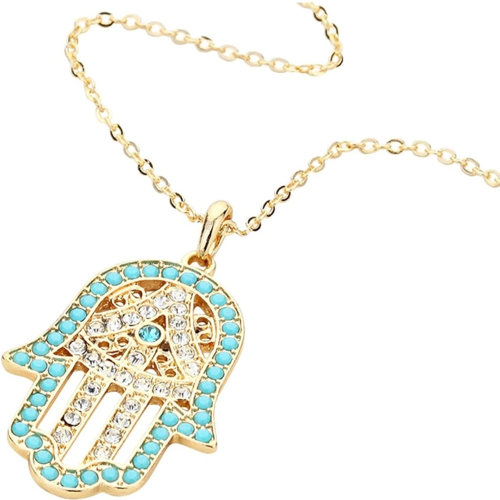 Gold and Turquoise Hamsa Pendant Necklace